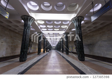 special architecture of soviet in the  station of Gapur gulom. Tashkent metro built in the former USSR, ope 127385398
