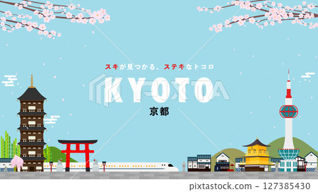 Kyoto advertising background template decorated with Kinkakuji Temple and shrines (blue) 127385430