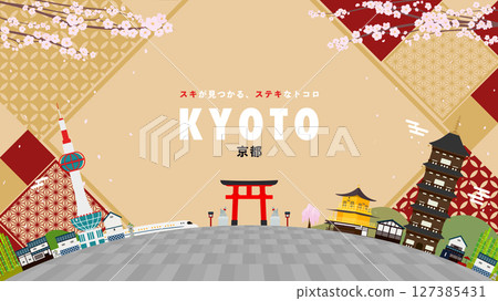 Kyoto advertising background template (gold) decorated with five-story pagodas and shrines 127385431