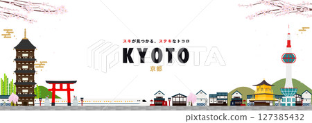 Kyoto advertising banner background template decorated with Kinkakuji Temple and shrines (white) 127385432