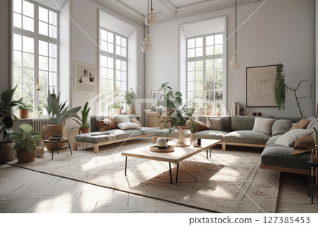 Natural and bright Scandinavian style living room Natural and bright Scandinavian style living room 127385453
