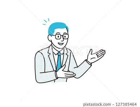 Illustration of a man wearing glasses giving directions using his hands Illustration of a man wearing glasses giving directions using his hands 127385464