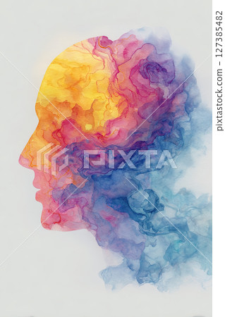 Colorful abstract face silhouette, watercolor painting, vibrant, emotional, creative art Colorful abstract face silhouette, watercolor painting, vibrant, emotional, creative art 127385482