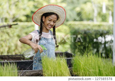 Girl wearing straw Hat tending to work in nursery arranging young rice plants and breeding seedlings in greenhouse. Engaging in Gardening Activities. showcasing her dedication to farming. Girl wearing straw Hat tending to work in nursery arranging young rice plants and breeding seedlings in greenhouse. Engaging in Gardening Activities. showcasing her dedication to farming. 127385578