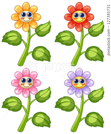 Cheerful Cartoon Flowers with Smiling Faces 127385731
