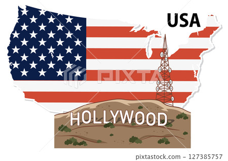 USA Map with Hollywood and Radio Tower Illustration 127385757