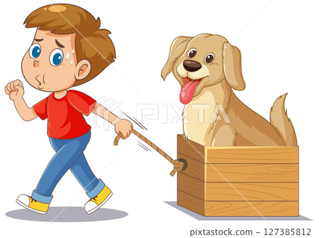 Boy Pulling Dog in Wooden Cart Illustration Boy Pulling Dog in Wooden Cart Illustration 127385812