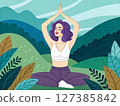 Woman Meditating in Mountain Landscape 127385842