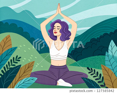 Woman Meditating in Mountain Landscape 127385842
