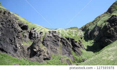 Clear summer sky and green mountains 127385978