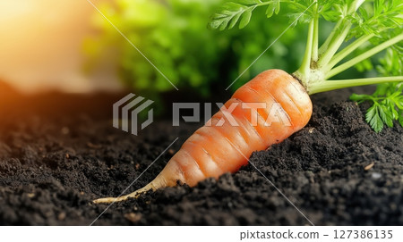 Fresh carrot emerging from the soil with green leaves Fresh carrot emerging from the soil with green leaves 127386135