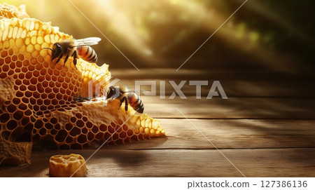 Bees collecting nectar on a honeycomb in golden sunlight Bees collecting nectar on a honeycomb in golden sunlight 127386136
