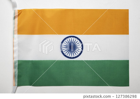 Closeup view of the India national flag isolated over a white background. Concept of government and nationality 127386298