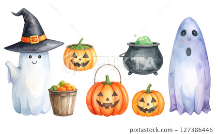 萬聖節插圖集（水彩紋理插圖） 127386446