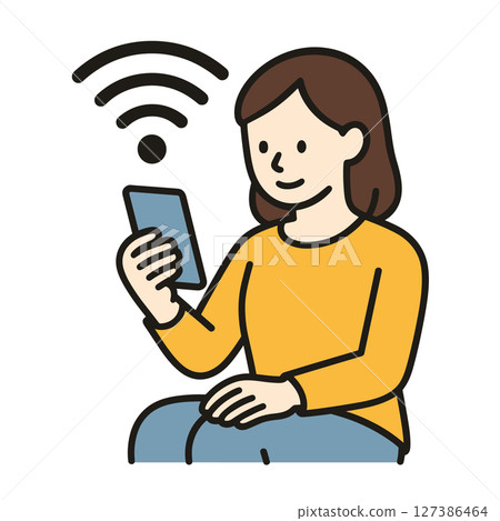 一位女士連接 Wi-Fi 的插圖（平面設計） 127386464