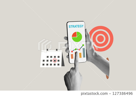 Human hand holding a cellphone with a strategy graph and chart on the screen. Concept of strategy planning. Collage art Human hand holding a cellphone with a strategy graph and chart on the screen. Concept of strategy planning. Collage art 127386496
