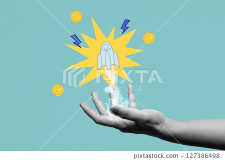 Human hand showing a flying rocket with a colored background. Concept of taking action. Collage art Human hand showing a flying rocket with a colored background. Concept of taking action. Collage art 127386498