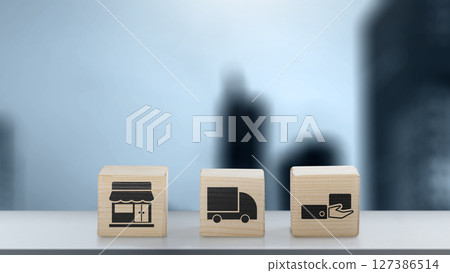 Wooden cubes with an icon of ecommerce supply chain on the table. Concept of industry, transport, and logistics 127386514