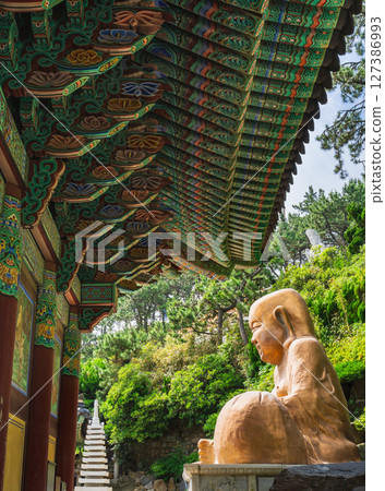 Haedong Yonggungsa Temple, Busan - Decoration of the main hall and Hotei Haedong Yonggungsa Temple, Busan - Decoration of the main hall and Hotei 127386993
