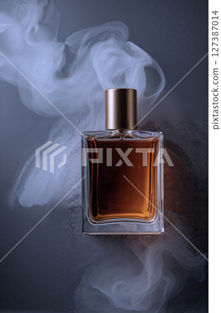 Classic glass perfume bottle with metallic cap, set amidst ethereal smoke. Dark, moody lighting and abstract elements offer a captivating visual for luxury products or lifestyle concepts. 127387014