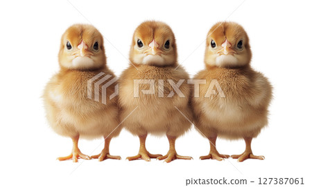 Three fluffy chicks are gathered closely on a farm, isolated, created with Generative AI Three fluffy chicks are gathered closely on a farm, isolated, created with Generative AI 127387061