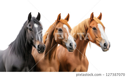 Three domestic horses of different colors pose together, isolated, created with Generative AI 127387070