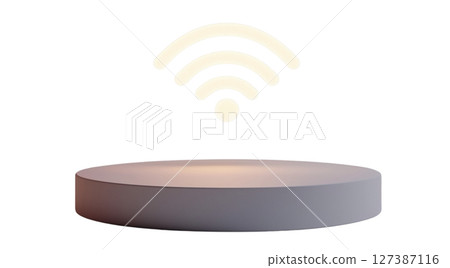 A wireless connectivity symbol hovers above a circular platform, highlighting modern technology in a sleek design, created with Generative AI technology, isolated on white, PNG 127387116