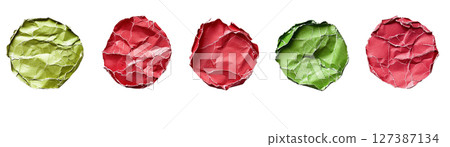 Crumpled circles in red and green arranged horizontally, perfect for adding texture and color to projects and crafts, created with Generative AI technology, isolated on white, PNG 127387134