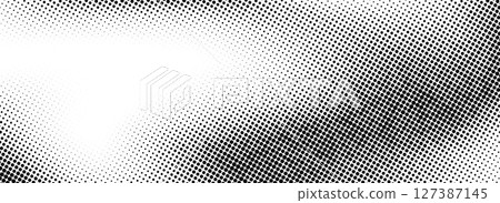 Grunge halftone gradient texture. Black weathered grit noise background. Fading gritty sand wallpaper. Retro pixelated backdrop. Anime or manga style comic overlay. Vector textured template surface 127387145