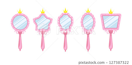 Princess mirror. Elegant handheld mirror with gold crown. Beauty tale. Teen and child girl self care accessory. Vector illustration in flat cartoon style 127387322