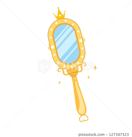 Princess mirror. Baby hand mirror with golden oval border. Handheld Makeup Frame. Vintage Vector illustration in flat cartoon style 127387323