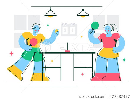 Playing Table Tennis Sports Vector Illustration Featuring Racket and Ball of Ping Pong Game Match, Hitting a Plastic Ball in a Flat Style Background 127387437