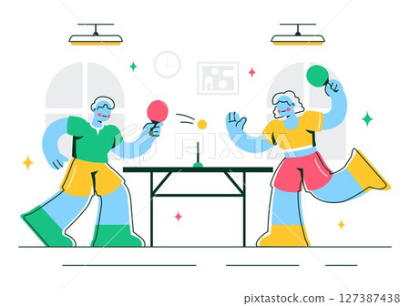 Playing Table Tennis Sports Vector Illustration Featuring Racket and Ball of Ping Pong Game Match, Hitting a Plastic Ball in a Flat Style Background 127387438