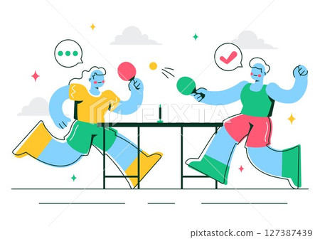 Playing Table Tennis Sports Vector Illustration Featuring Racket and Ball of Ping Pong Game Match, Hitting a Plastic Ball in a Flat Style Background 127387439