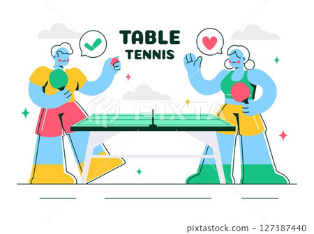 Playing Table Tennis Sports Vector Illustration Featuring Racket and Ball of Ping Pong Game Match, Hitting a Plastic Ball in a Flat Style Background 127387440