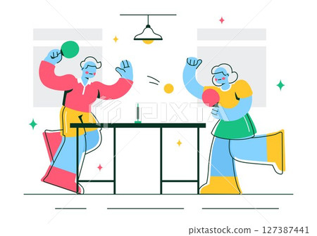 Playing Table Tennis Sports Vector Illustration Featuring Racket and Ball of Ping Pong Game Match, Hitting a Plastic Ball in a Flat Style Background 127387441