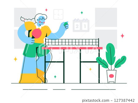 Playing Table Tennis Sports Vector Illustration Featuring Racket and Ball of Ping Pong Game Match, Hitting a Plastic Ball in a Flat Style Background 127387442