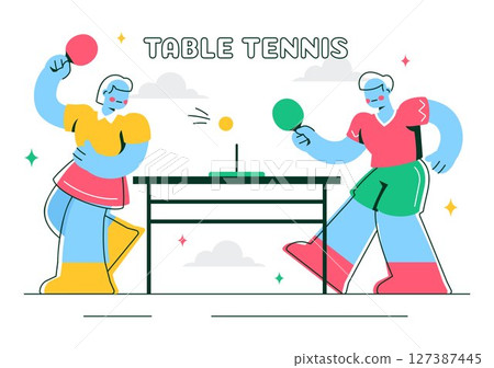Playing Table Tennis Sports Vector Illustration Featuring Racket and Ball of Ping Pong Game Match, Hitting a Plastic Ball in a Flat Style Background 127387445
