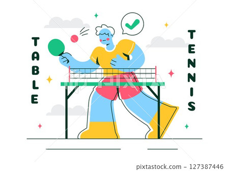 Playing Table Tennis Sports Vector Illustration Featuring Racket and Ball of Ping Pong Game Match, Hitting a Plastic Ball in a Flat Style Background 127387446