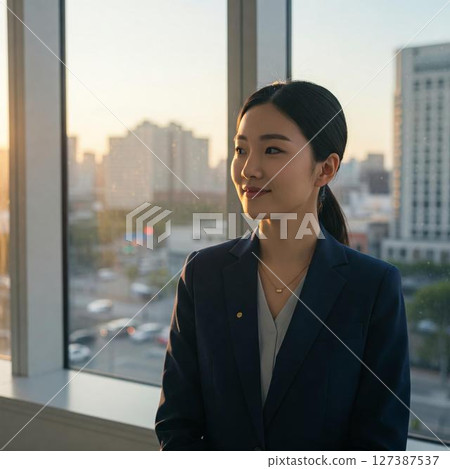 Smiling businesswoman working in the office 127387537
