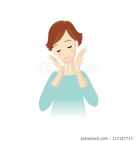 Smiling woman with hands on cheeks Smiling woman with hands on cheeks 127387737