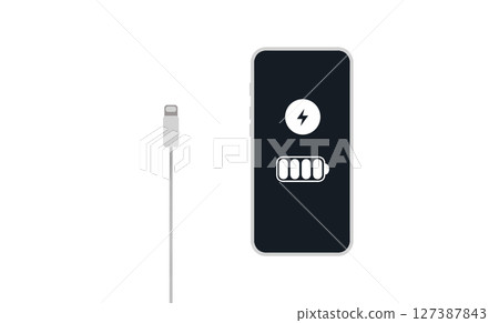 moment of connection, charge a phone, illustration depicting a smartphone in the process of charging, with a clear focus on the battery indicator and lightning bolt icon on its dark screen 127387843