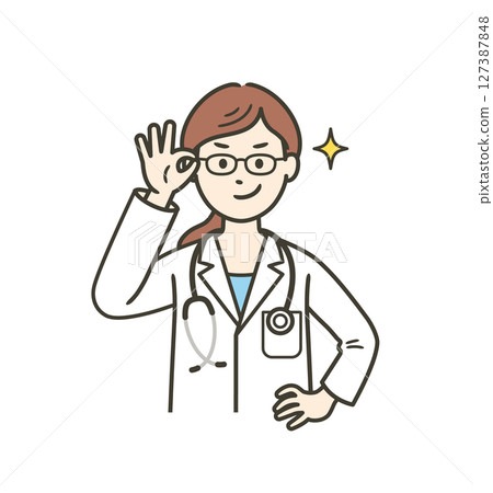 一位年輕的女醫生舉起眼鏡,笑容滿面,展現自信。 一位年輕的女醫生舉起眼鏡,笑容滿面,展現自信。 127387848