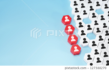 Customer relationship management and targeted marketing strategies. Red block with human icon separated from white block for customer focus group, Customer relationship management concept, CRM. 3D 127388270
