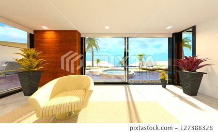 Living room with large windows 127388328