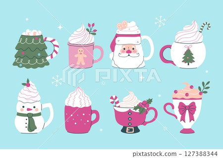 Christmas mugs with sweet drinks set. Vector graphics Christmas mugs with sweet drinks set. Vector graphics 127388344