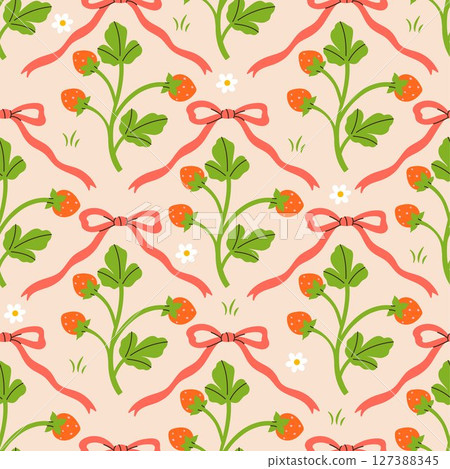 Seamless pattern with strawberry bushes and bows. Vector graphics 127388345