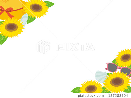 帶有夏季主題的向日葵和草帽的框架插圖_橫向 127388504