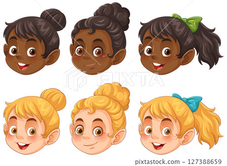 Playful Cartoon Girl Faces with Different Hairstyles Playful Cartoon Girl Faces with Different Hairstyles 127388659