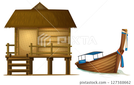 Traditional Thai Hut and Longtail Boat Illustration 127388662